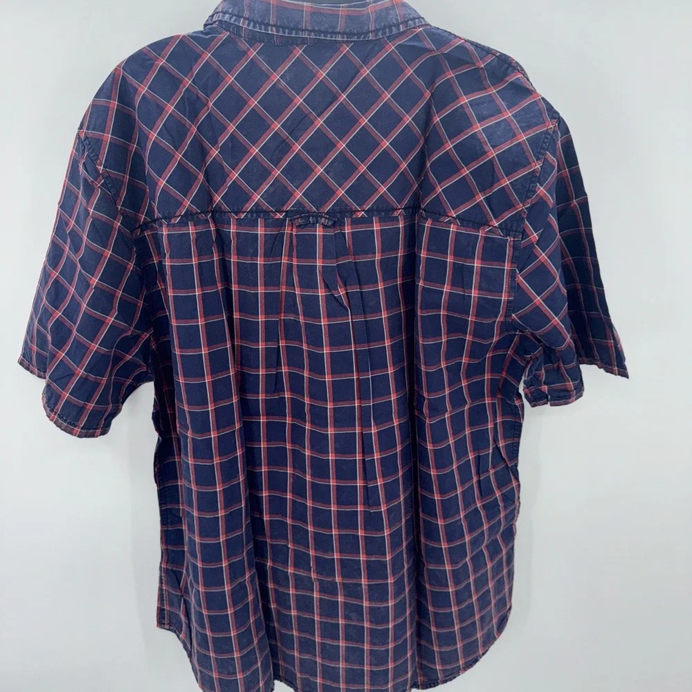 True Religion Men Button Up Shirt 3XL Blue Check Slim Fit Pocket Short Sleeve‎